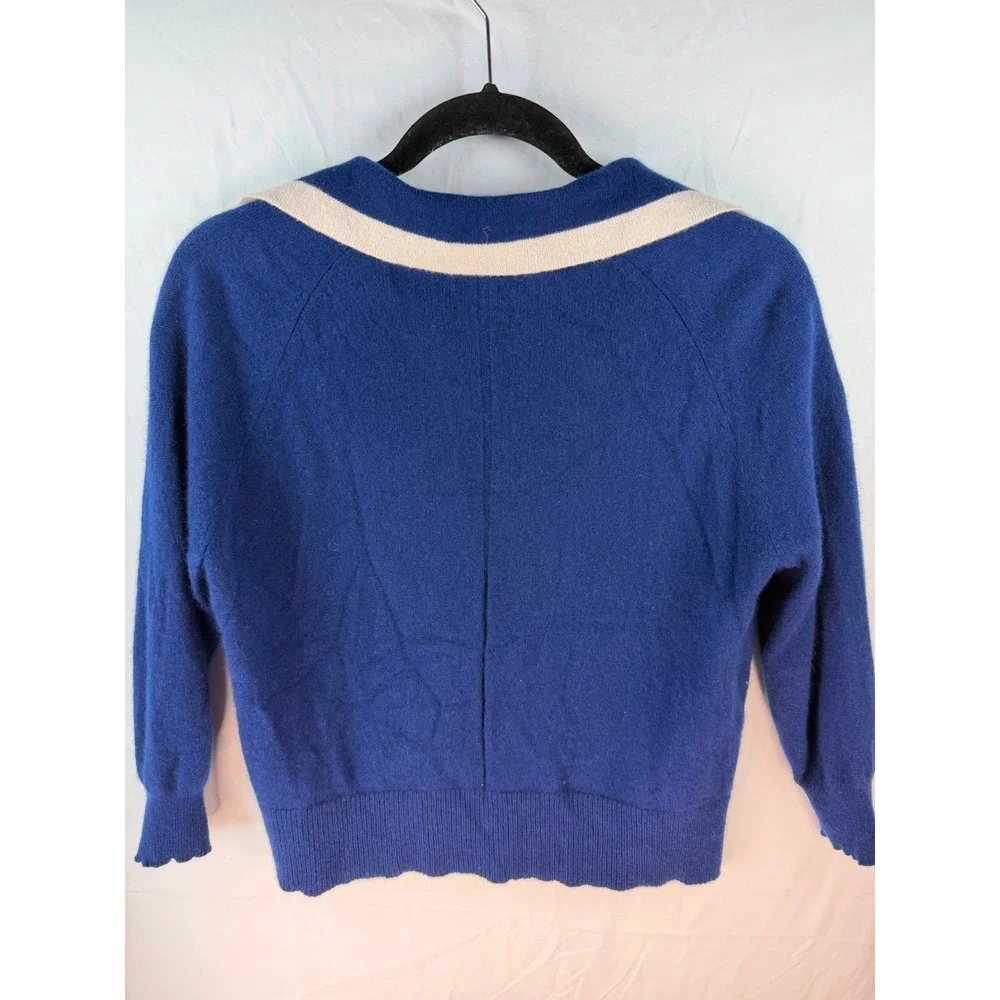 No Name Royal Blue 100% Cashmere Cardigan Sweater Cream Polo Collar Small